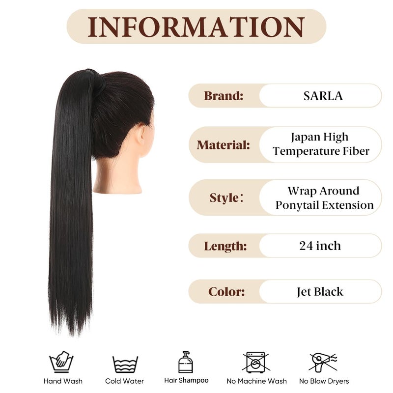 SARLA Ponytail Hair Extension Wrap Around Long Straight 24 Inch Synthetic Hairpiece for Women Jet Black - Image 2